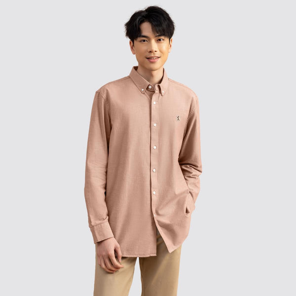 Cotton Oxford Long Sleeve Slim Embroidery Garment Wash Shirt