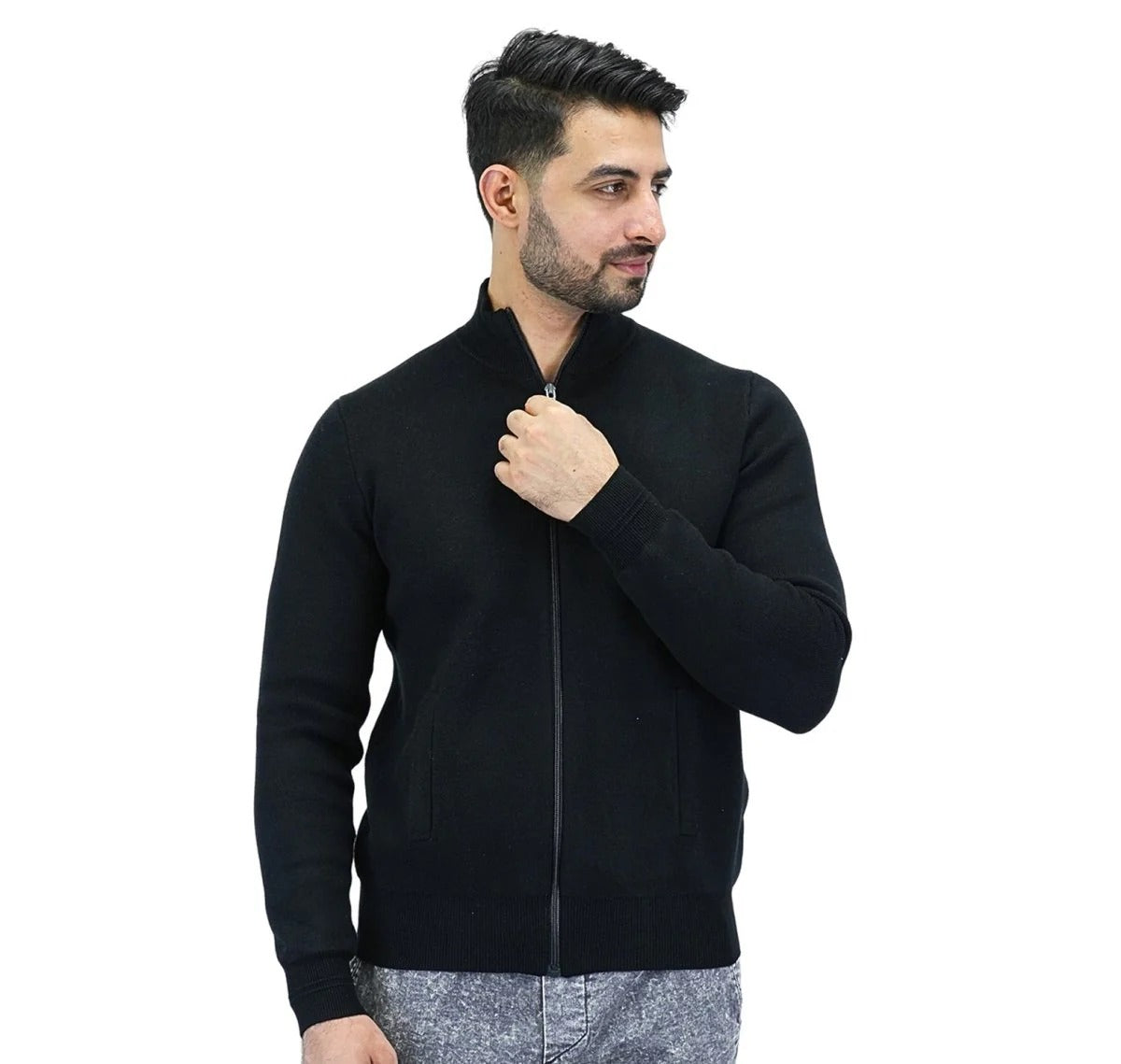 Men's Texture Stitch Mock Neck Long Sleeve Full Zipper Cardigan