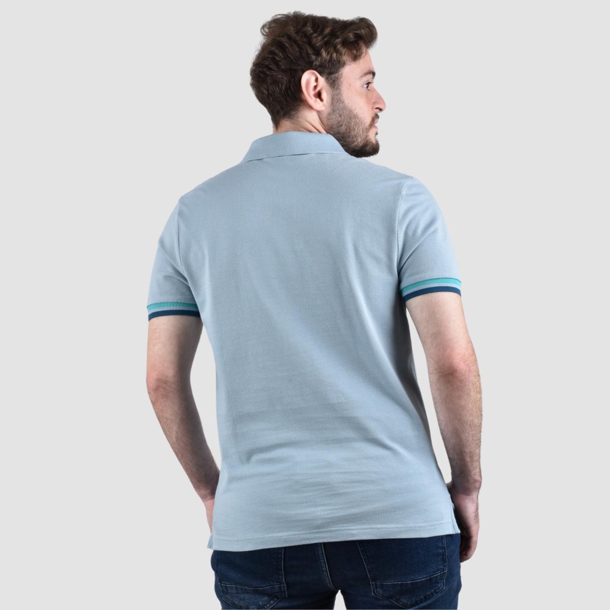 قميص بولو قطني بيكيه بياقة محبوكة مسطحة وأكمام قصيرة مطرزة بلون موحد (قميص بولو رياضي)