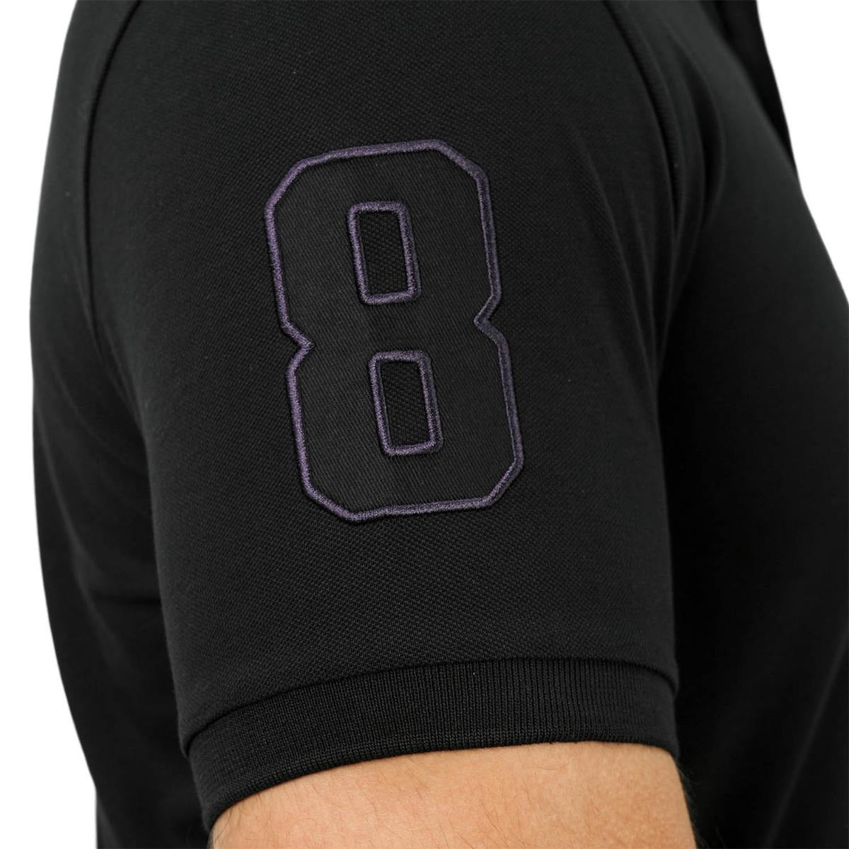 قميص بولو نابليون قصير الأكمام مطرز بتطريز رفيع، مصنوع من قماش البيكيه القطني/الليكرا، بياقة محبوكة مسطحة