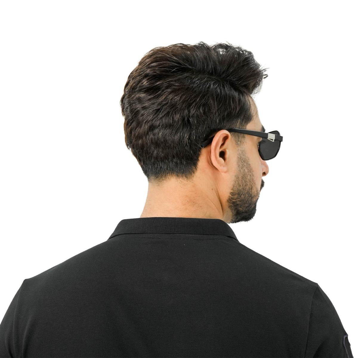 قميص بولو نابليون قصير الأكمام مطرز بتطريز رفيع، مصنوع من قماش البيكيه القطني/الليكرا، بياقة محبوكة مسطحة