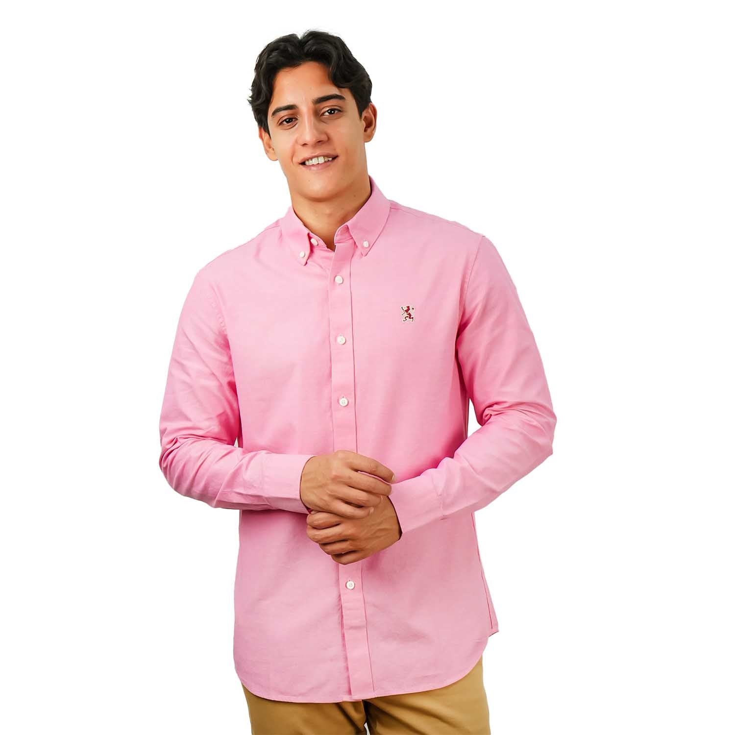 قميص قطني أكسفورد فلانيل بأكمام طويلة وقصة ضيقة مطرزة، قابل للغسل