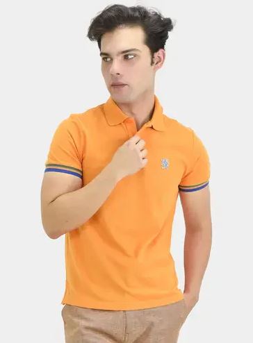 Cotton Pique Knitted Collar Short Sleeve Tapered Embroidery Polo (Solid Lion)