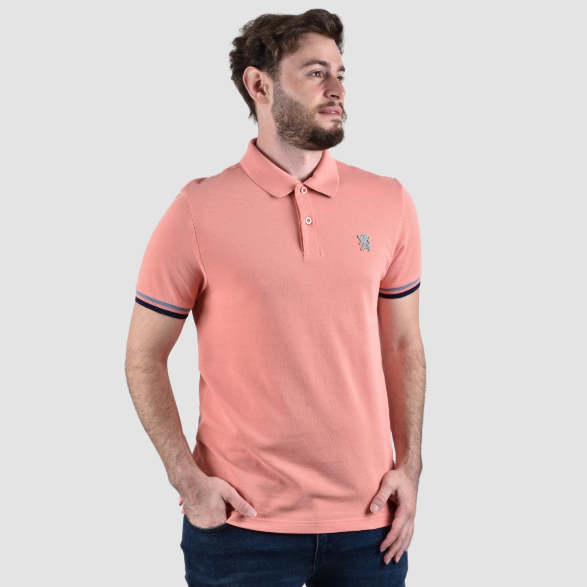 قميص بولو قطني بيكيه بياقة محبوكة مسطحة وأكمام قصيرة مطرزة بلون موحد (قميص بولو رياضي)