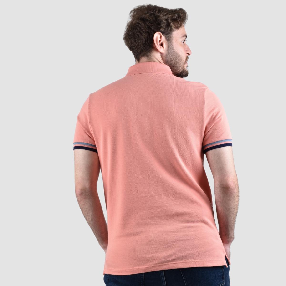 قميص بولو قطني بيكيه بياقة محبوكة مسطحة وأكمام قصيرة مطرزة بلون موحد (قميص بولو رياضي)