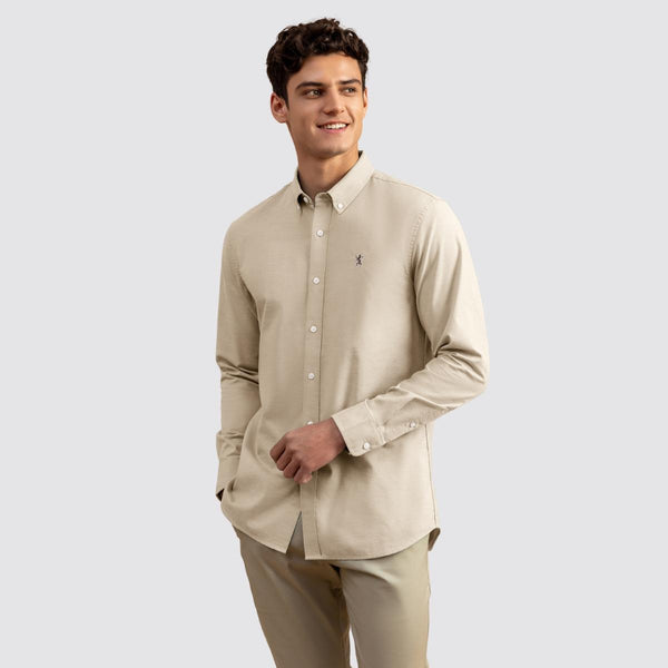 Cotton Oxford Long Sleeve Slim Embroidery Garment Wash Shirt