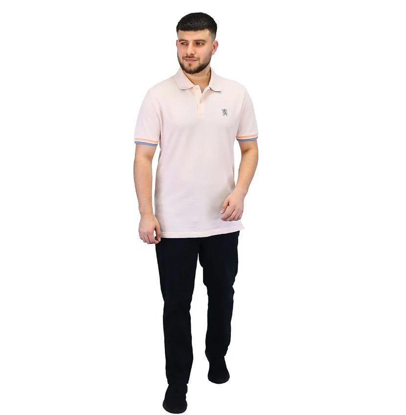 قميص بولو قطني بيكيه بياقة محبوكة مسطحة وأكمام قصيرة مطرزة بلون موحد (قميص بولو رياضي)