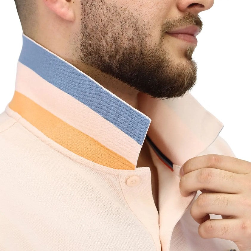 قميص بولو قطني بيكيه بياقة محبوكة مسطحة وأكمام قصيرة مطرزة بلون موحد (قميص بولو رياضي)