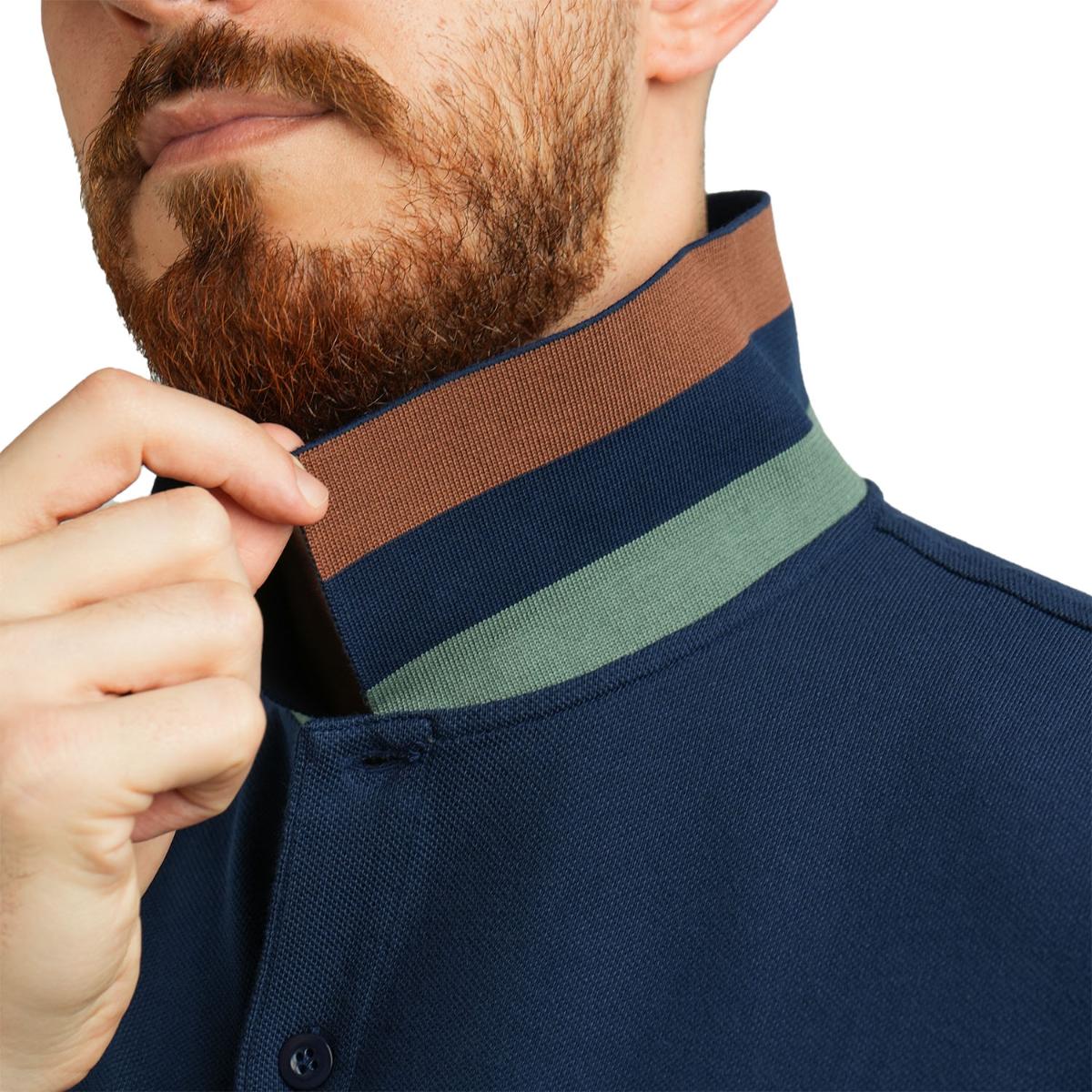 قميص بولو قطني بيكيه بياقة محبوكة مسطحة وأكمام قصيرة مطرزة بلون موحد (قميص بولو رياضي)