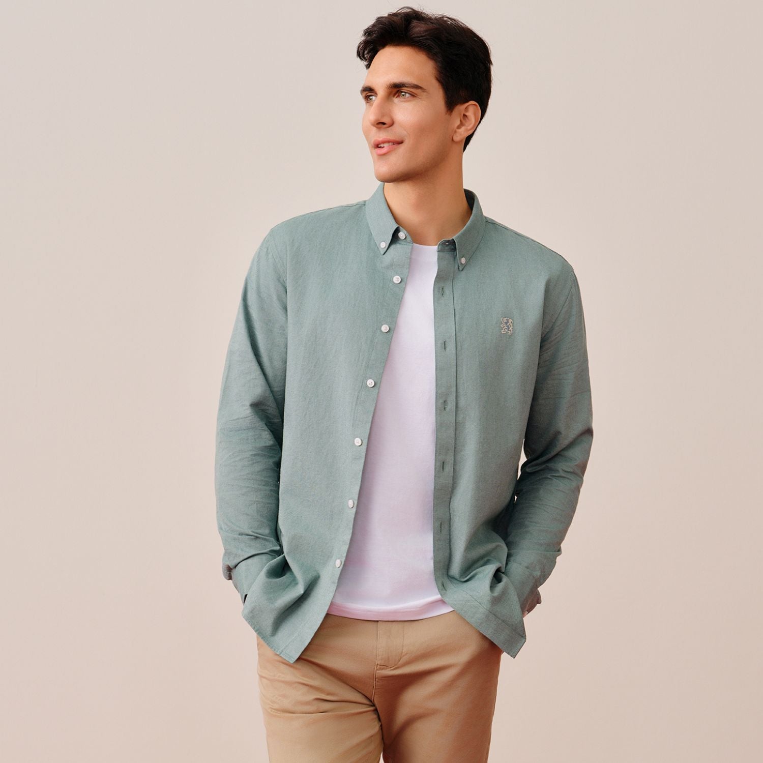 Cotton Oxford Flannel Long Sleeve Slim Embroidery Garment Wash Shirt