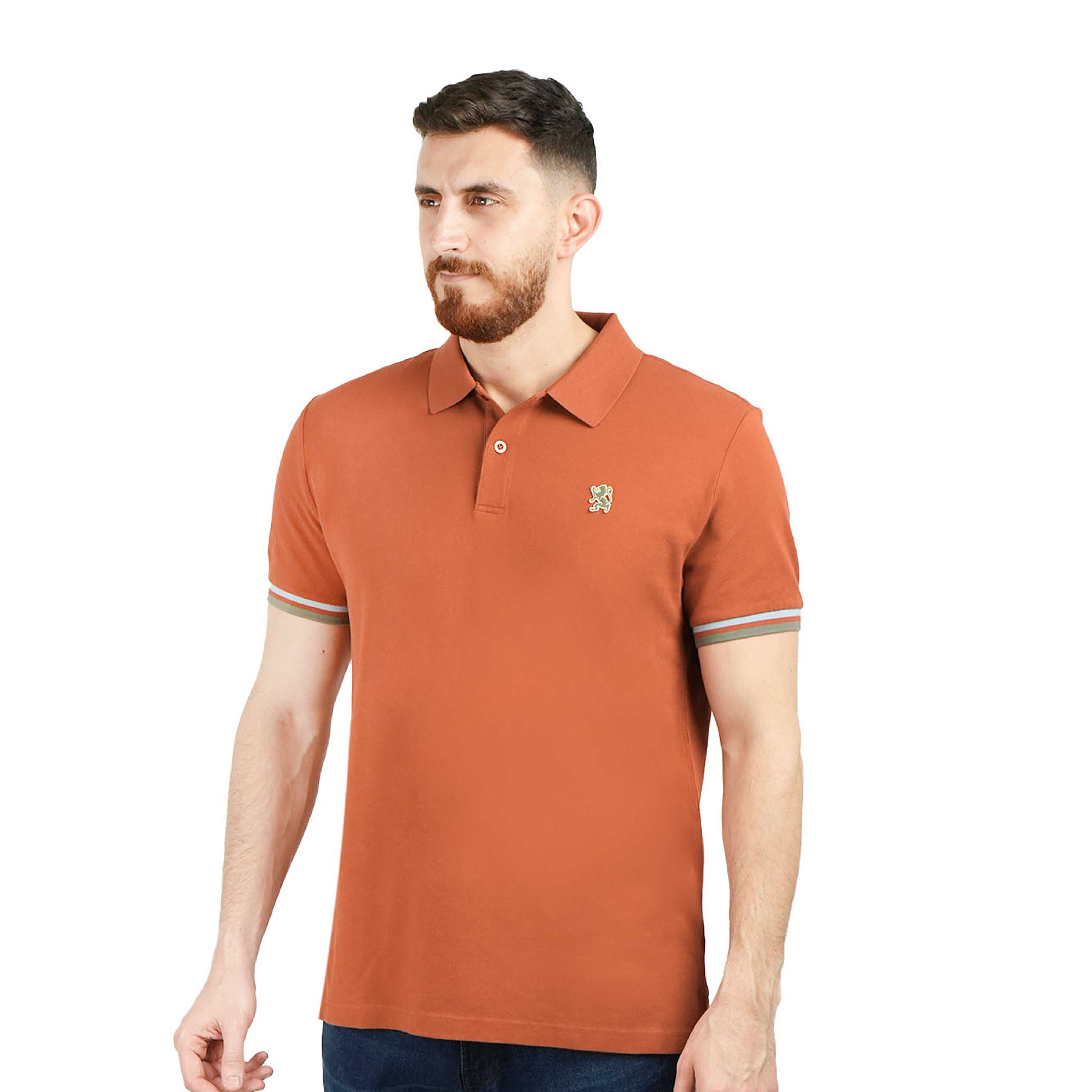 قميص بولو قطني بيكيه بياقة محبوكة مسطحة وأكمام قصيرة مطرزة بلون موحد (قميص بولو رياضي)