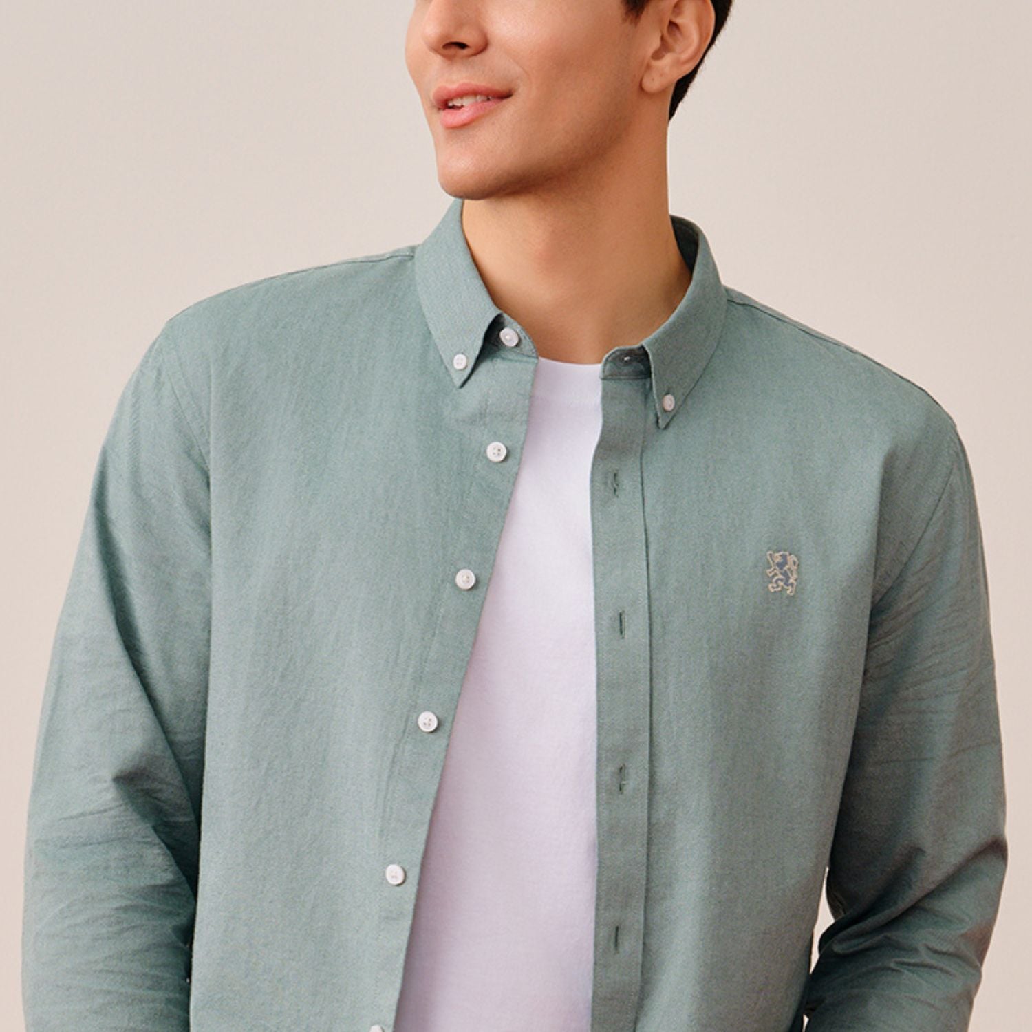 قميص قطني أكسفورد فلانيل بأكمام طويلة وقصة ضيقة مطرزة، قابل للغسل