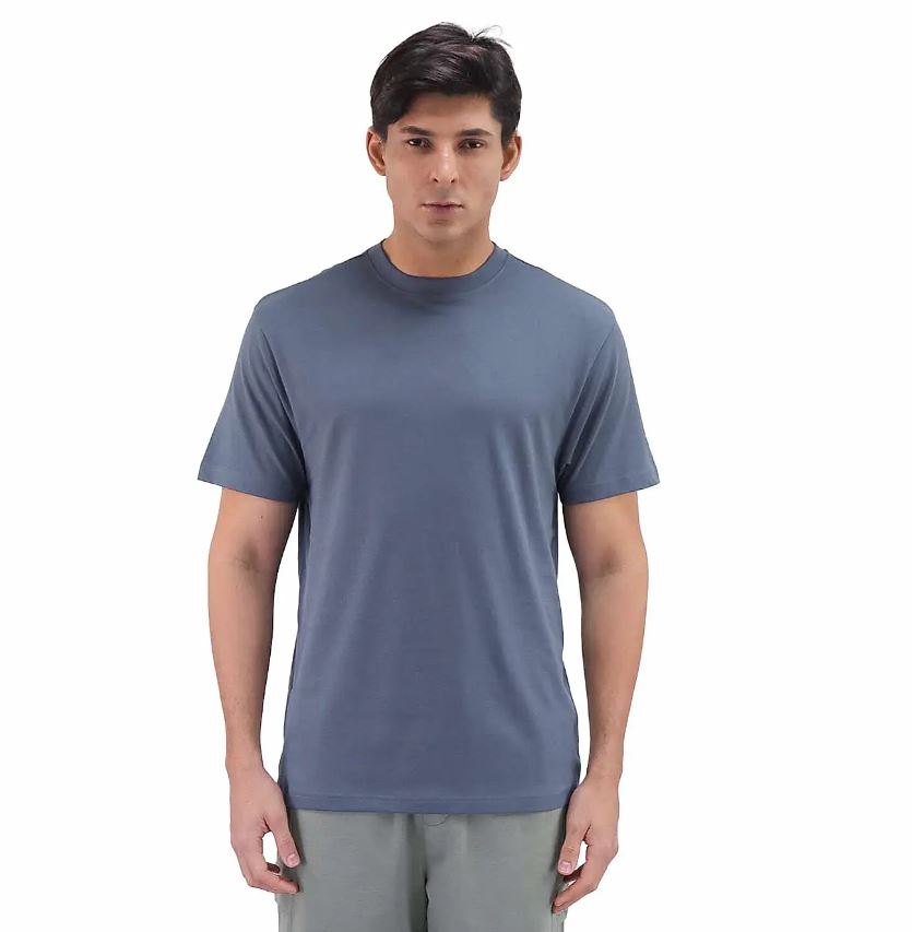 تيشيرت قطني ضيق بأكمام قصيرة ورقبة دائرية وياقة دائرية