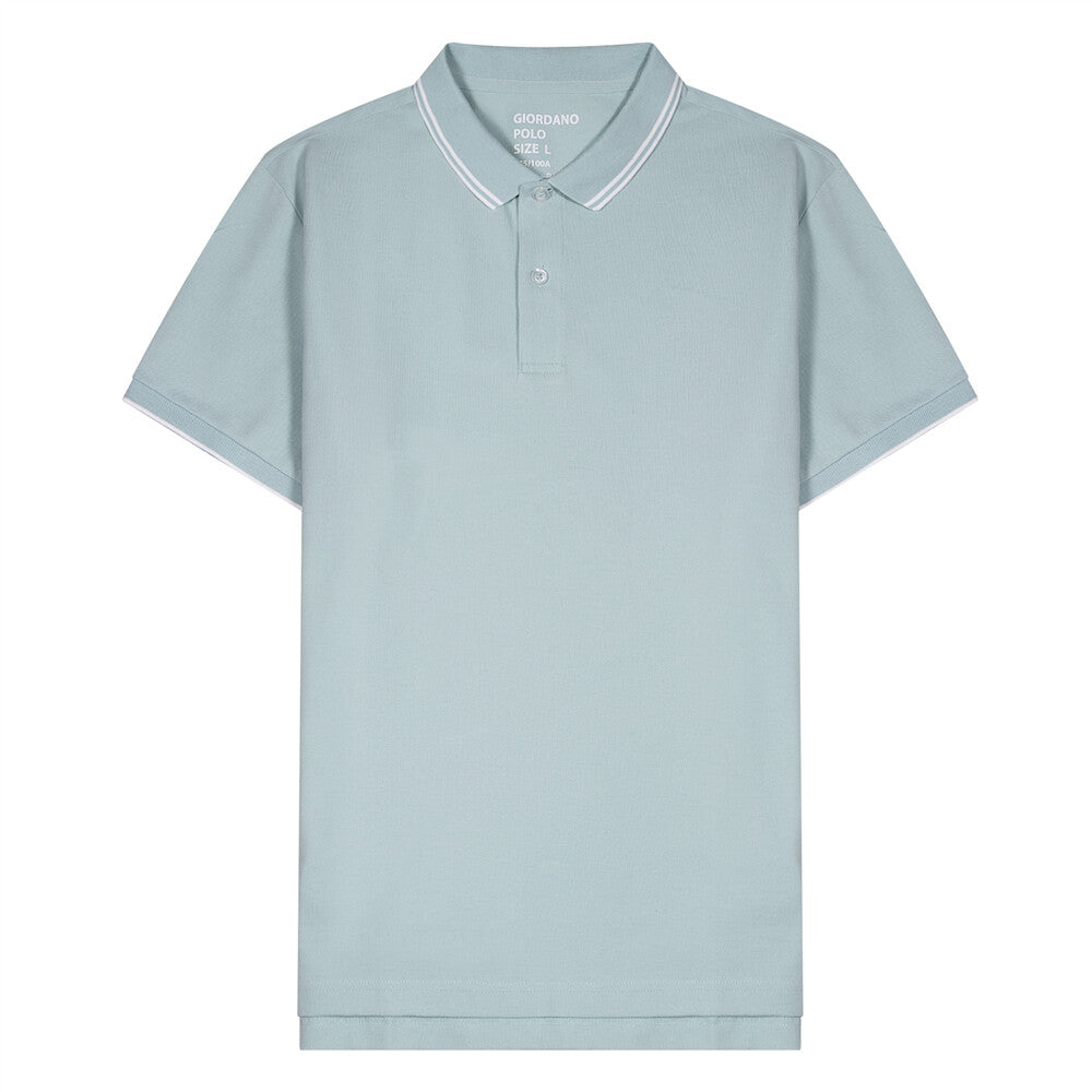 قميص بولو قطني/ليكرا بيكيه بياقة محبوكة وأكمام قصيرة وقصة ضيقة بلون موحد