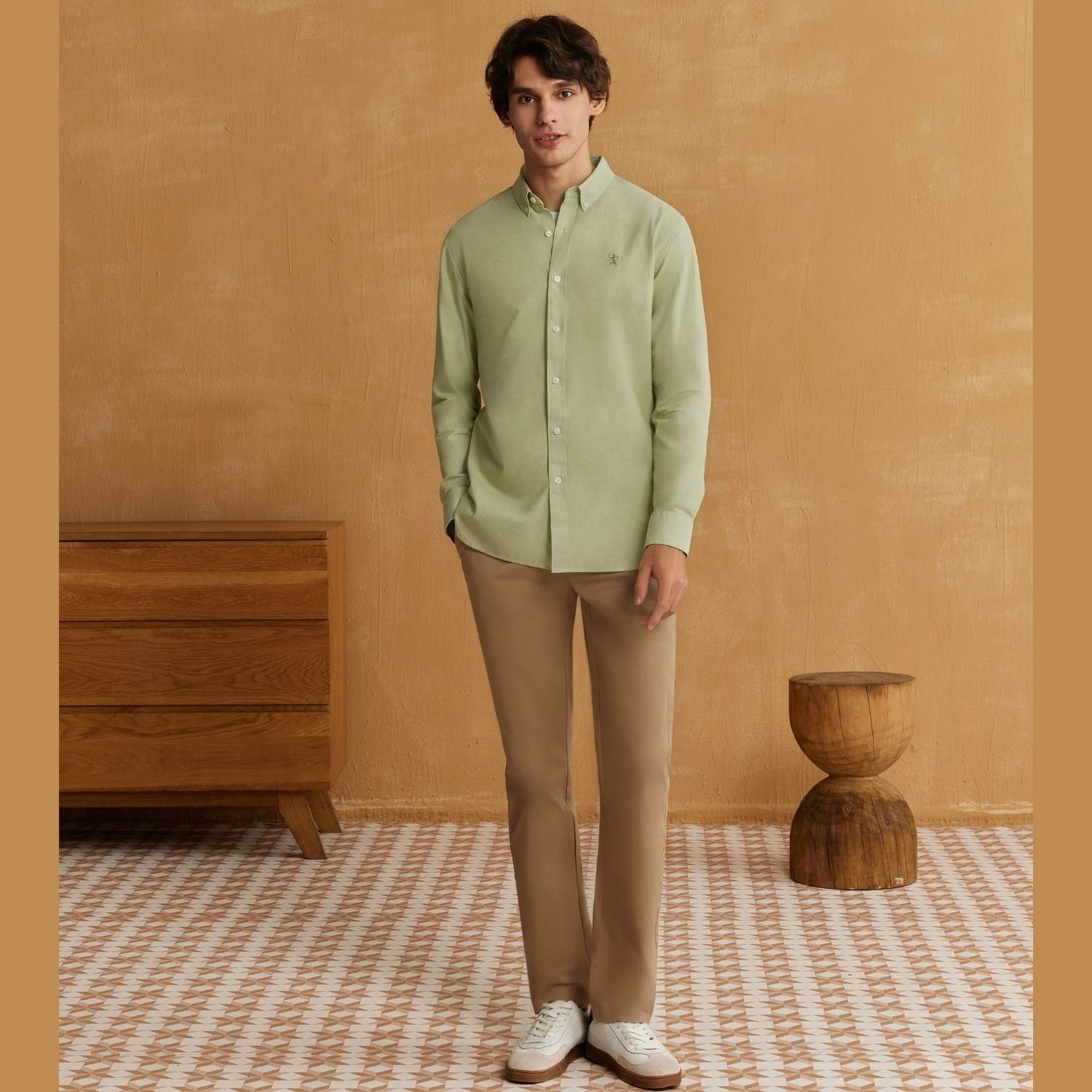 قميص قطني أكسفورد فلانيل بأكمام طويلة وقصة ضيقة مطرزة، قابل للغسل