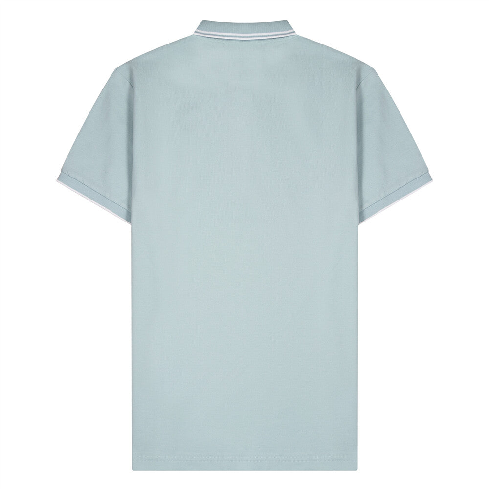 قميص بولو قطني/ليكرا بيكيه بياقة محبوكة وأكمام قصيرة وقصة ضيقة بلون موحد