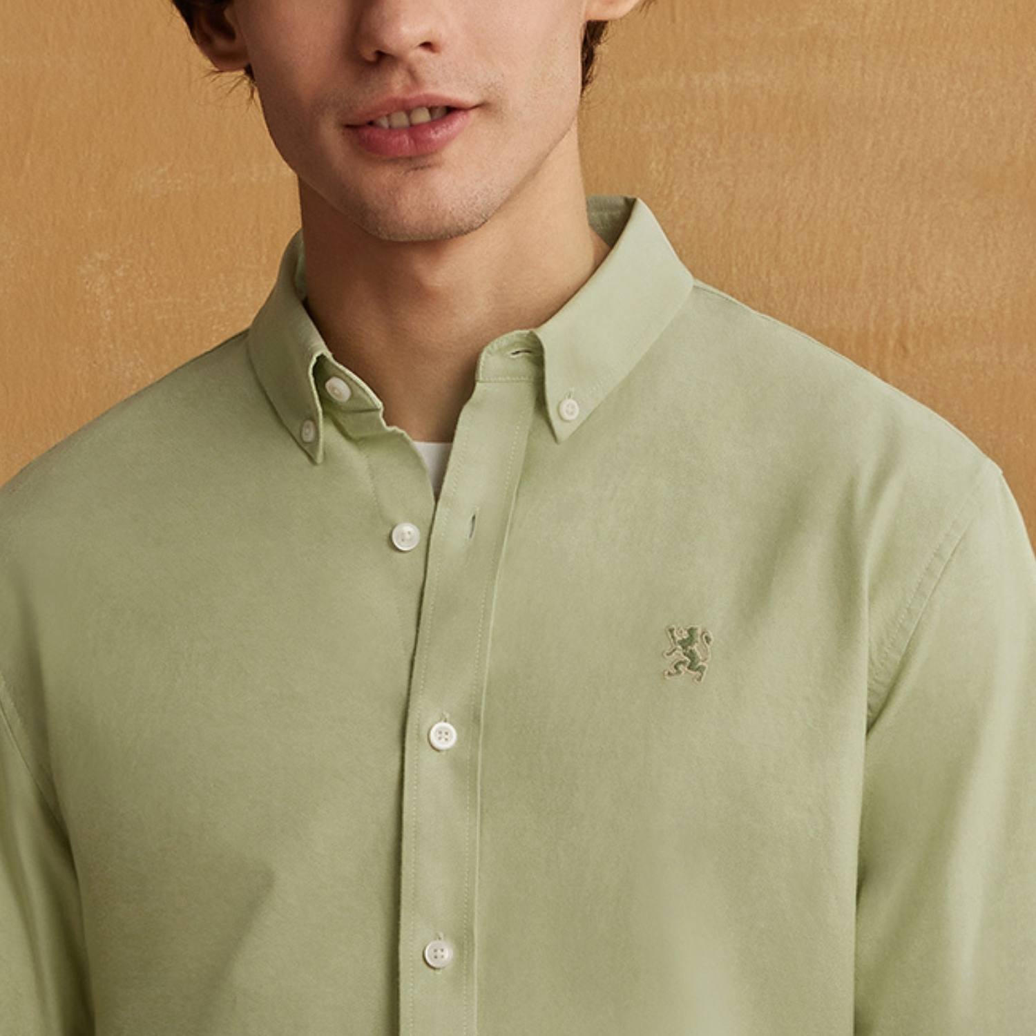 قميص قطني أكسفورد فلانيل بأكمام طويلة وقصة ضيقة مطرزة، قابل للغسل