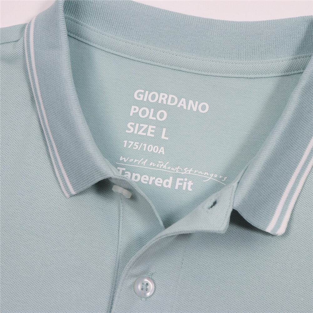 قميص بولو قطني/ليكرا بيكيه بياقة محبوكة وأكمام قصيرة وقصة ضيقة بلون موحد