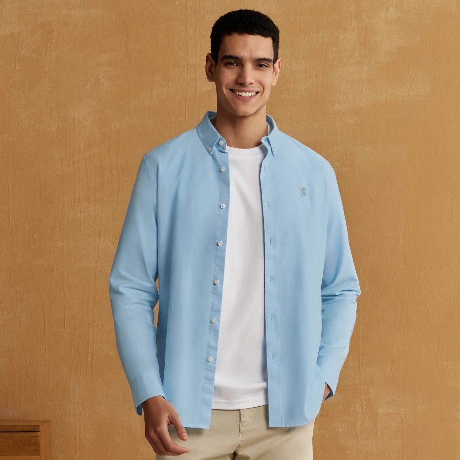 قميص قطني أكسفورد فلانيل بأكمام طويلة وقصة ضيقة مطرزة، قابل للغسل