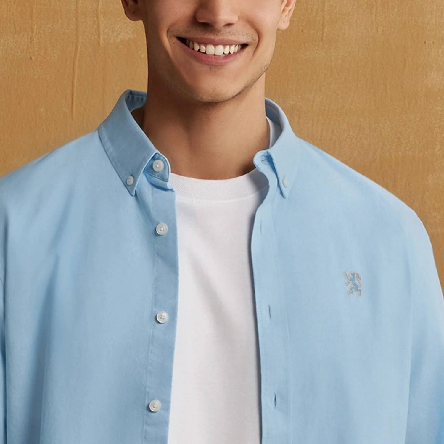 قميص قطني أكسفورد فلانيل بأكمام طويلة وقصة ضيقة مطرزة، قابل للغسل