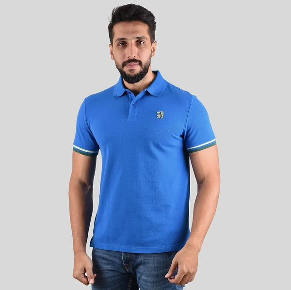 Cotton Pique Knitted Collar Short Sleeve Tapered Embroidery Polo (Solid Lion)