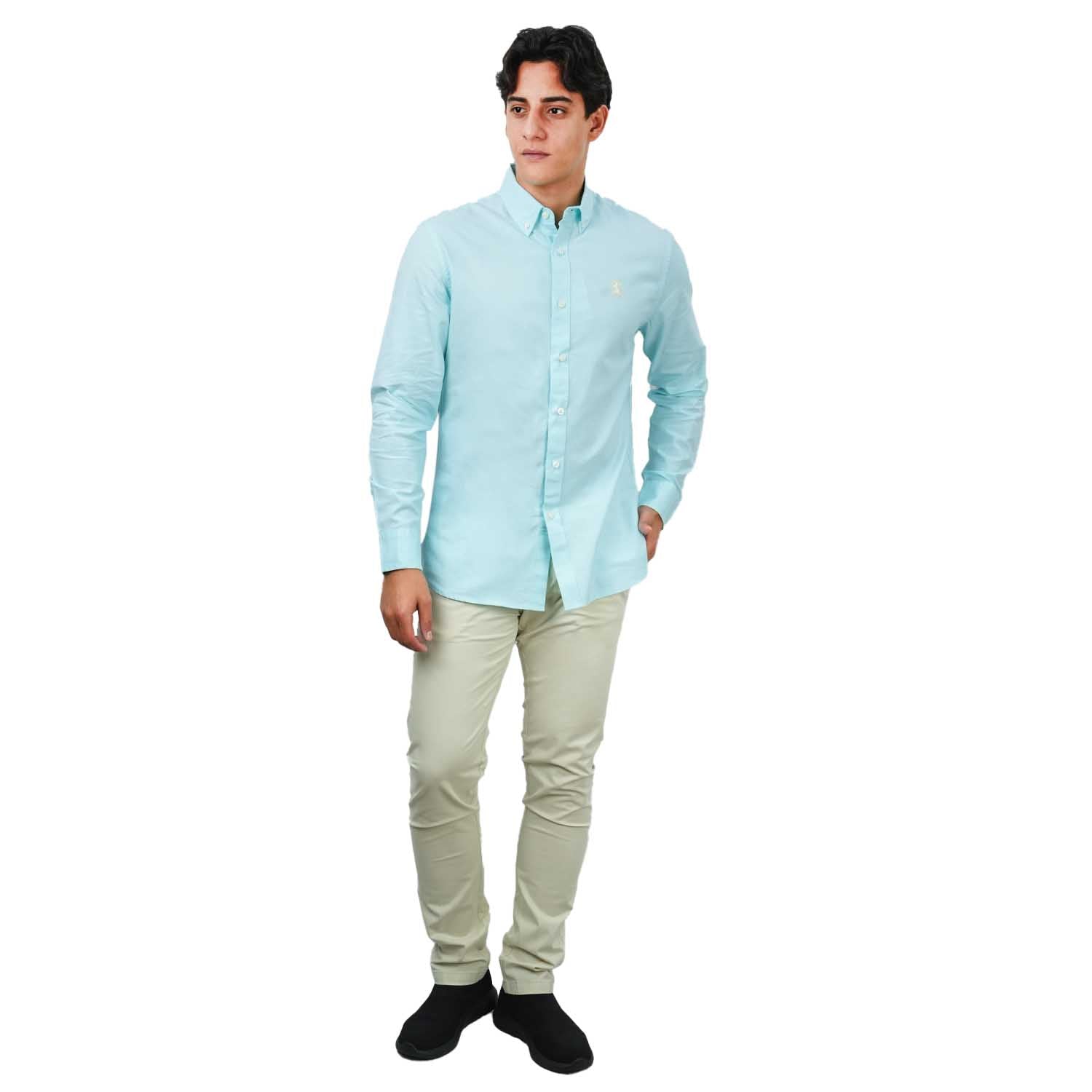 قميص قطني أكسفورد فلانيل بأكمام طويلة وقصة ضيقة مطرزة، قابل للغسل