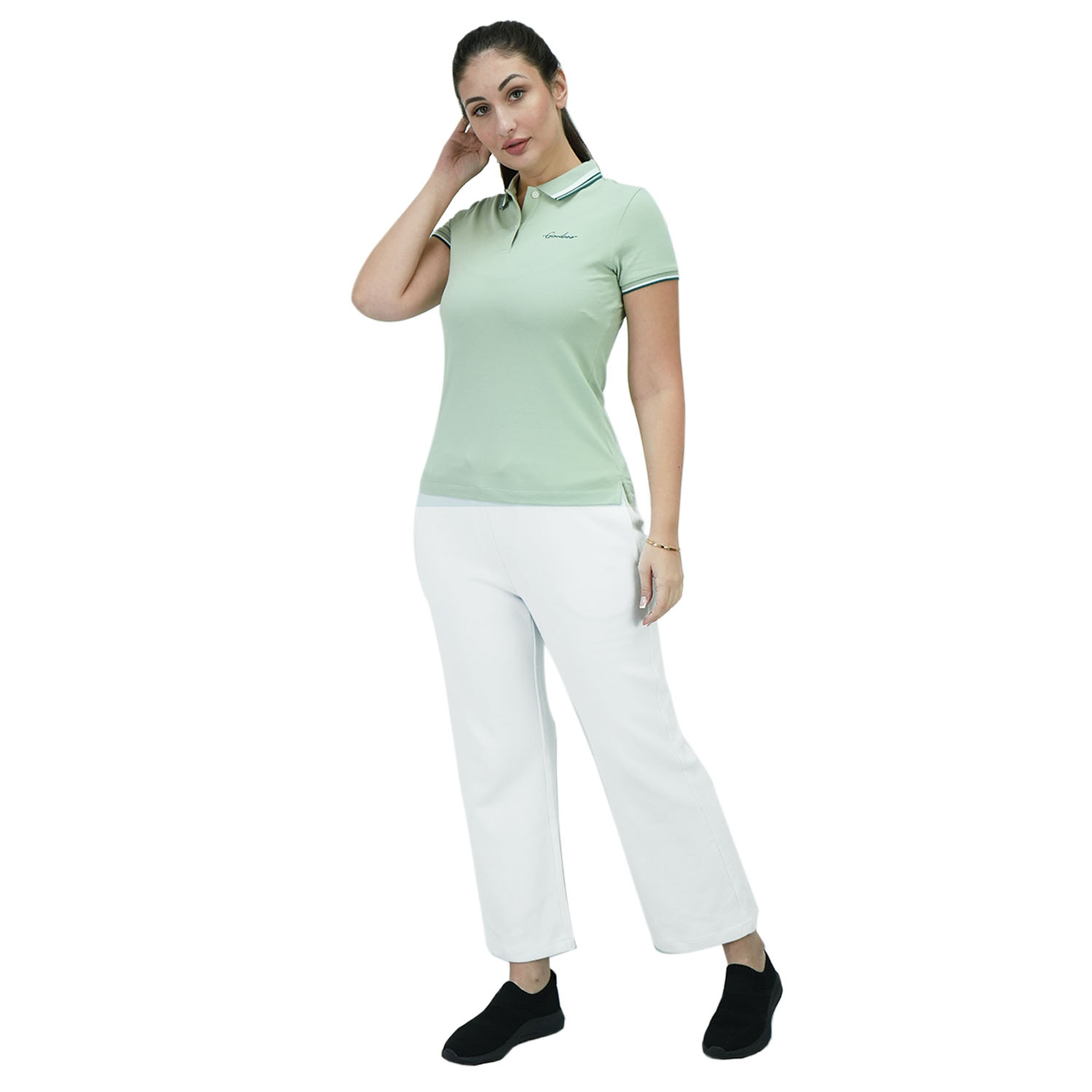 Women Cotton/Lycra Pique Flat Knitted Collar Short Sleeve Classic Slim Embroidery Polo