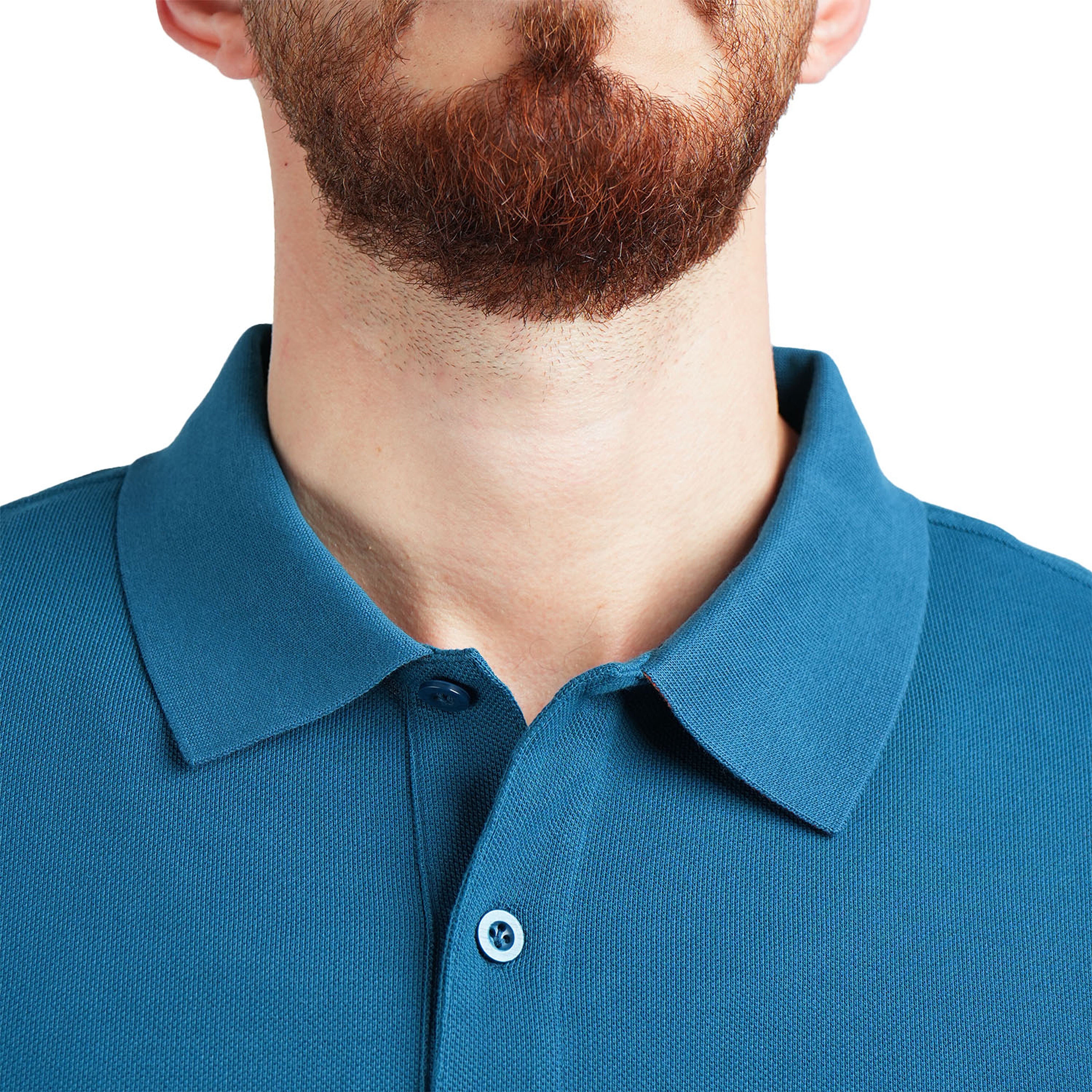 قميص بولو قطني بيكيه بياقة محبوكة مسطحة وأكمام قصيرة مطرزة بلون موحد (قميص بولو رياضي)