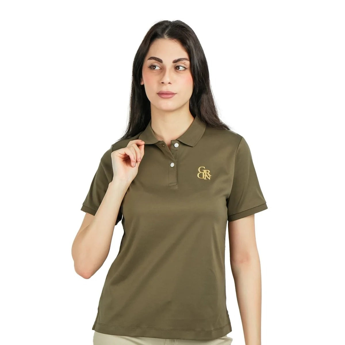Women Cotton Interlock Flat Knitted Collar Short Sleeve Embroidery Solid Polo