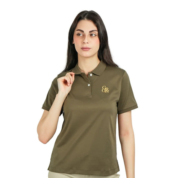 Women Cotton Interlock Flat Knitted Collar Short Sleeve Embroidery Solid Polo