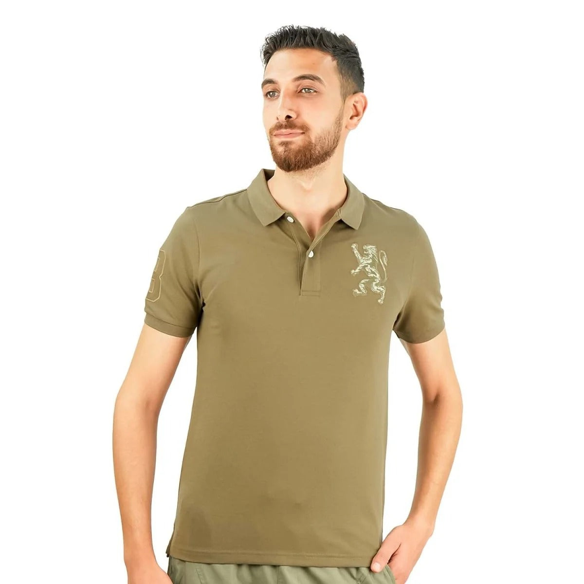 Cotton/Lycra Pique Flat Knitted Collar Short Sleeve Slim Embroidery Lion Polo