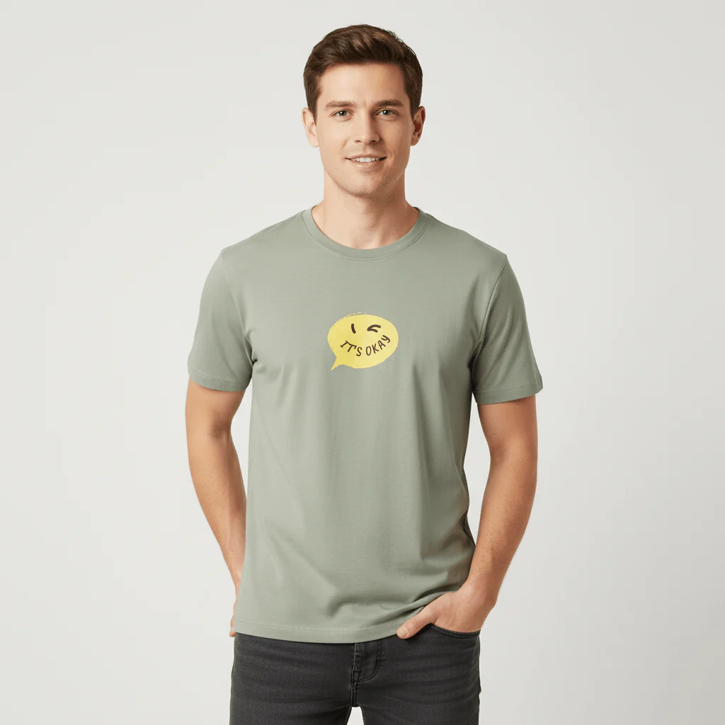 تيشيرت قطني مطبوع بأكمام قصيرة ورقبة دائرية وياقة دائرية