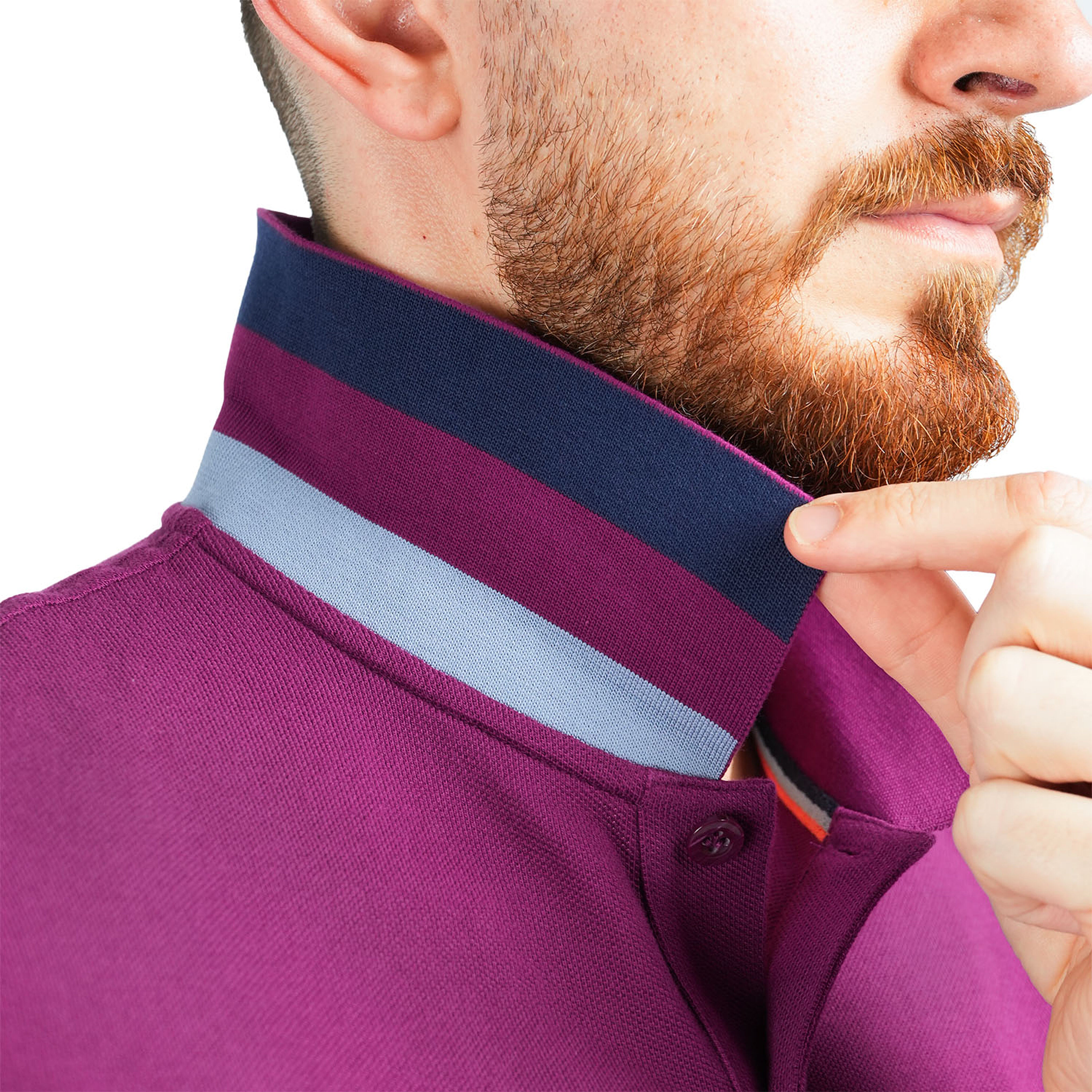 قميص بولو قطني بيكيه بياقة محبوكة مسطحة وأكمام قصيرة مطرزة بلون موحد (قميص بولو رياضي)