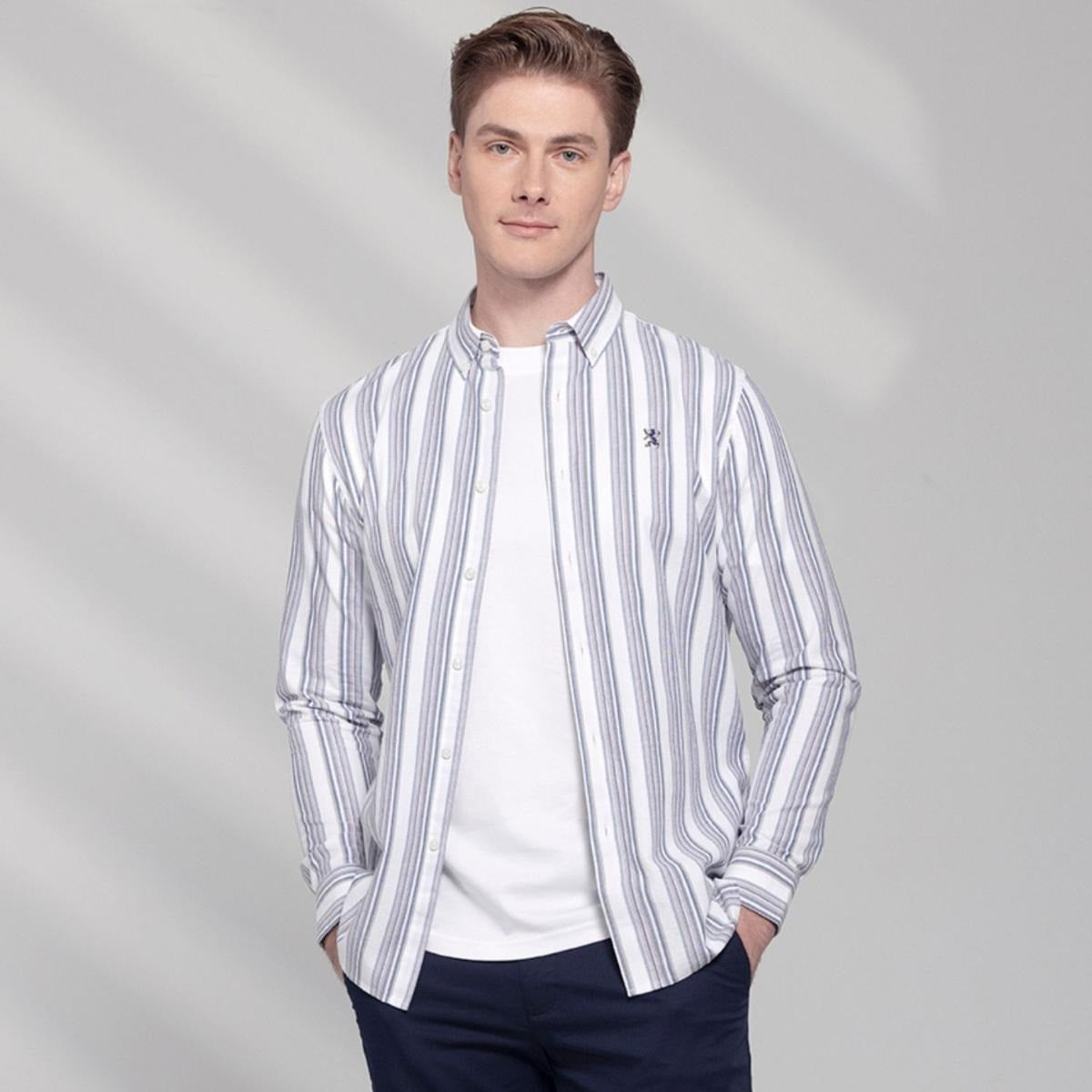 قميص قطني أكسفورد فلانيل بأكمام طويلة وقصة ضيقة مطرزة، قابل للغسل