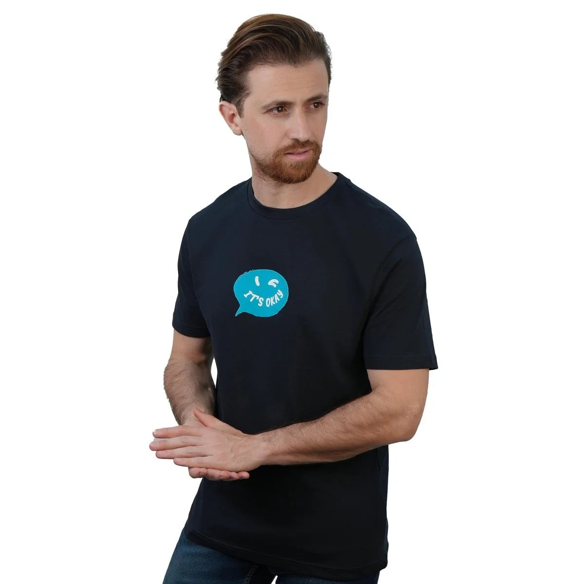 تيشيرت قطني مطبوع بأكمام قصيرة ورقبة دائرية وياقة دائرية