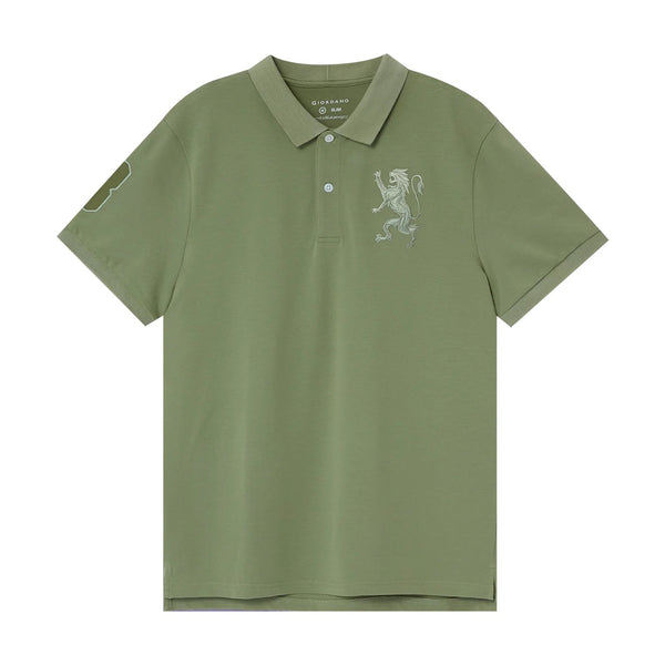 Cotton/Lycra Pique Flat Knitted Collar Short Sleeve Slim Embroidery Lion Polo