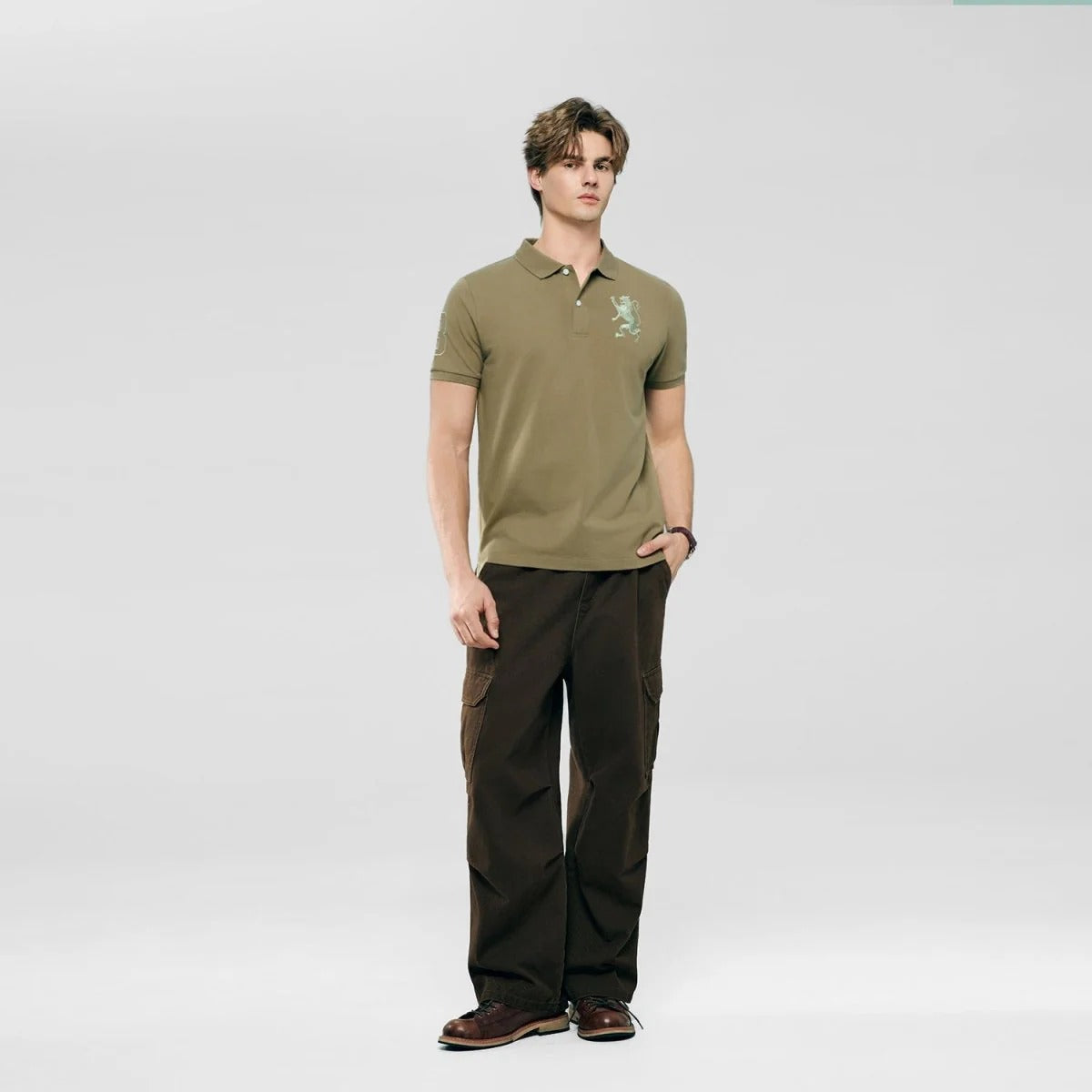 Men's Slim Fit 3D Lion Embroidery Lycra Pique Polo