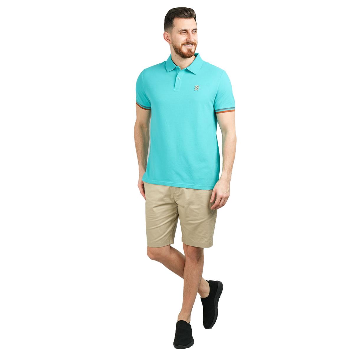 قميص بولو قطني بيكيه بياقة محبوكة مسطحة وأكمام قصيرة مطرزة بلون موحد (قميص بولو رياضي)