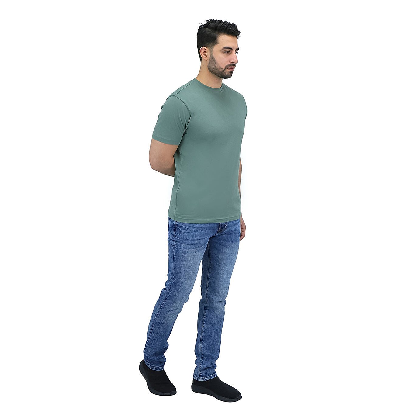 تيشيرت قطني ضيق بأكمام قصيرة ورقبة دائرية وياقة دائرية