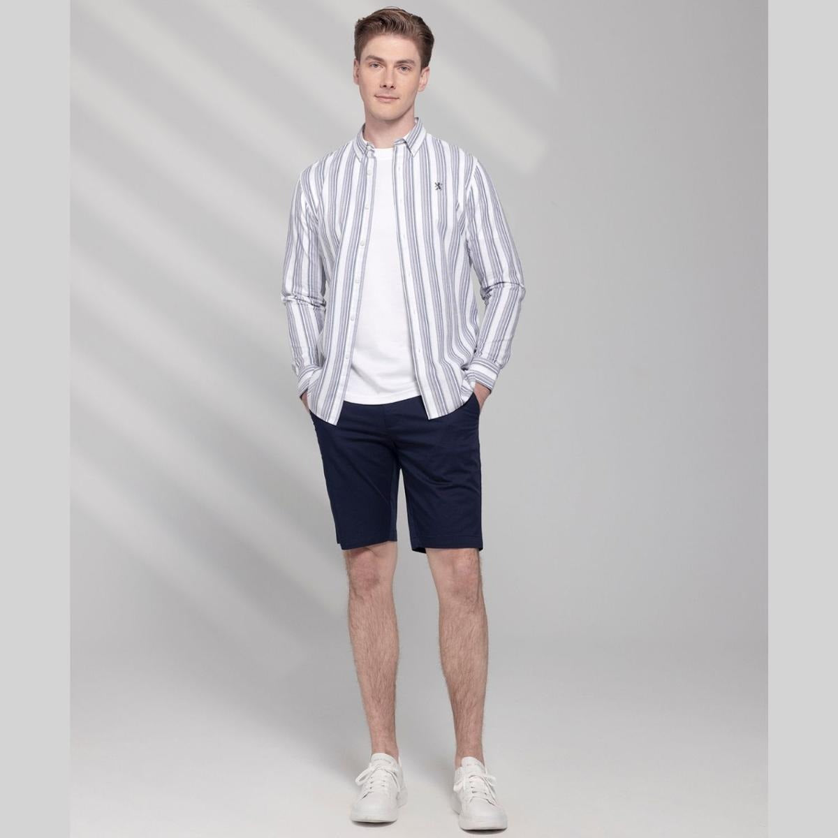 قميص قطني أكسفورد فلانيل بأكمام طويلة وقصة ضيقة مطرزة، قابل للغسل