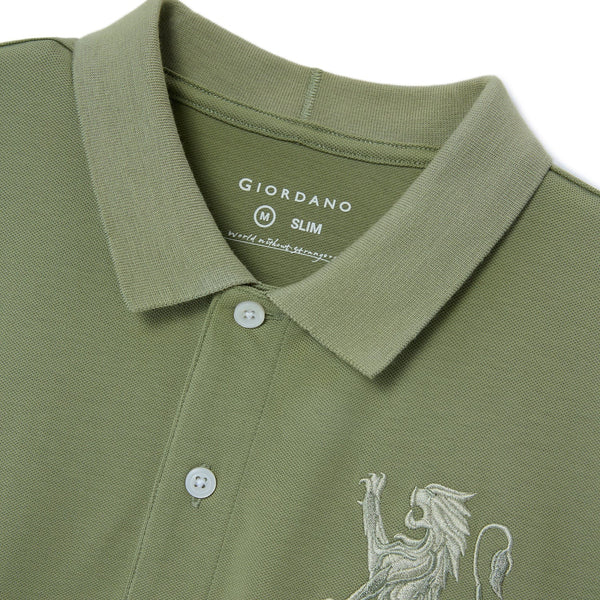 Cotton/Lycra Pique Flat Knitted Collar Short Sleeve Slim Embroidery Lion Polo