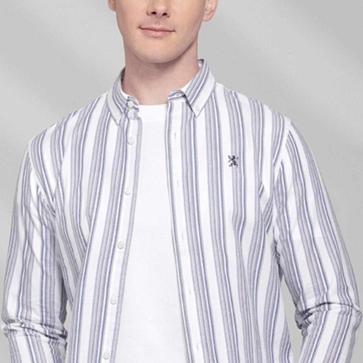 قميص قطني أكسفورد فلانيل بأكمام طويلة وقصة ضيقة مطرزة، قابل للغسل