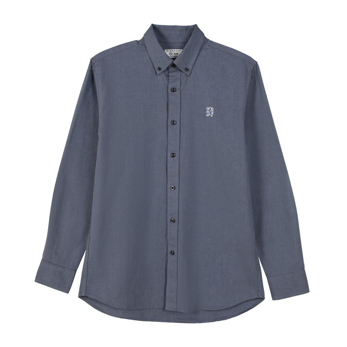 قميص قطني أكسفورد فلانيل بأكمام طويلة وقصة ضيقة مطرزة، قابل للغسل