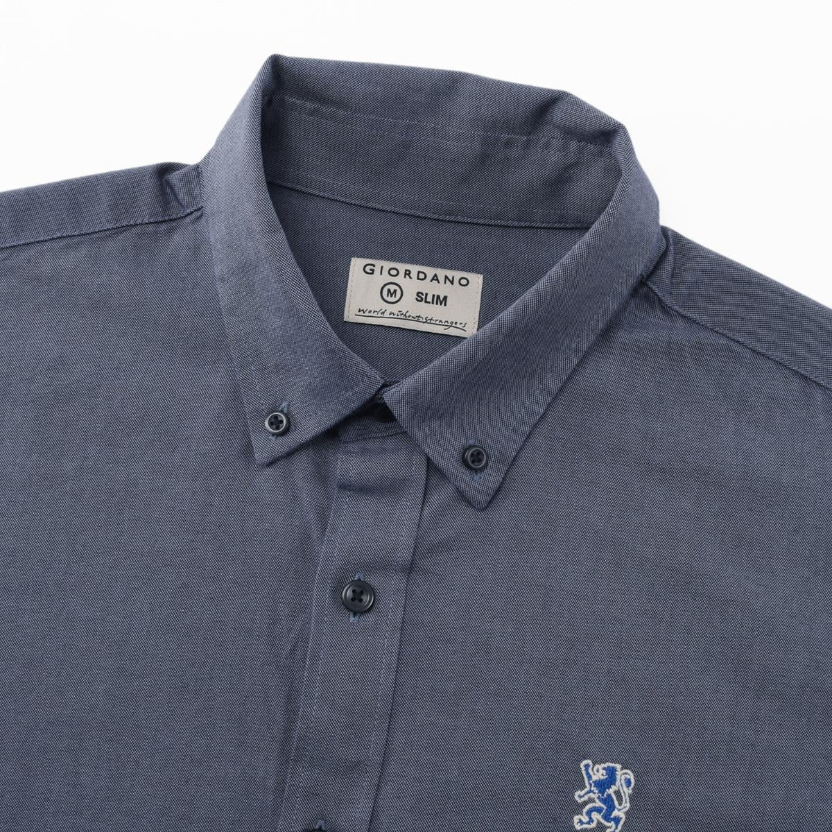 قميص قطني أكسفورد فلانيل بأكمام طويلة وقصة ضيقة مطرزة، قابل للغسل