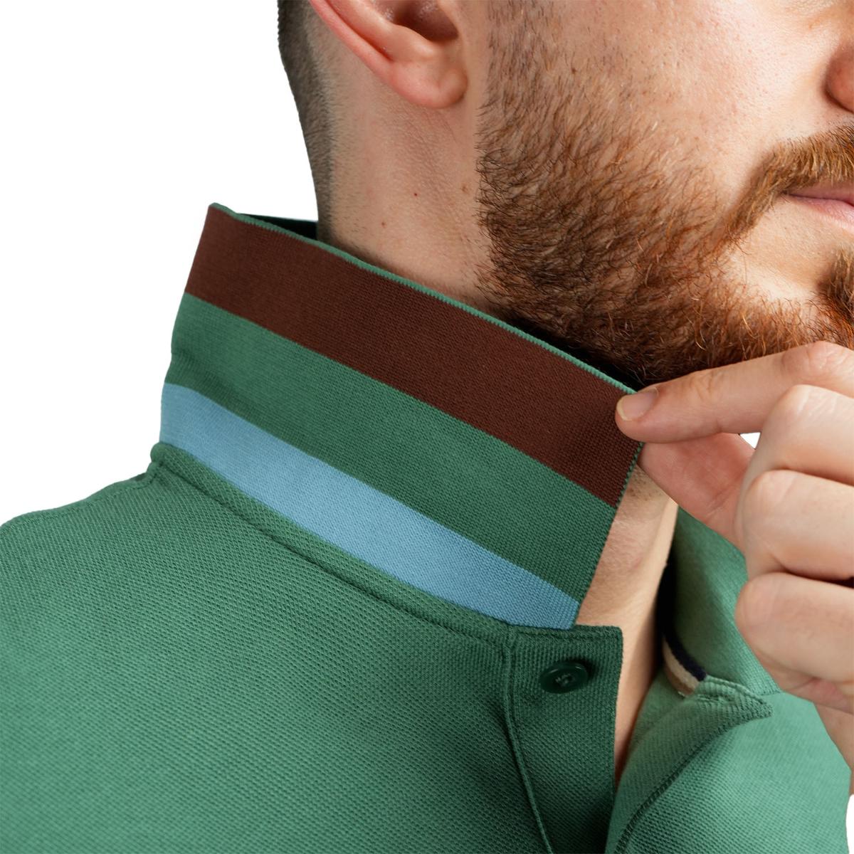 قميص بولو قطني بيكيه بياقة محبوكة مسطحة وأكمام قصيرة مطرزة بلون موحد (قميص بولو رياضي)