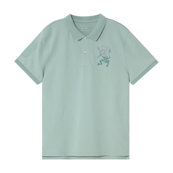 Cotton/Lycra Pique Flat Knitted Collar Short Sleeve Slim Embroidery Lion Polo