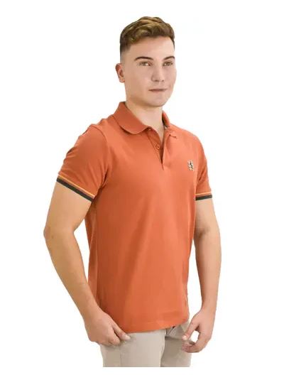 Cotton Pique Knitted Collar Short Sleeve Tapered Embroidery Polo (Solid Lion)