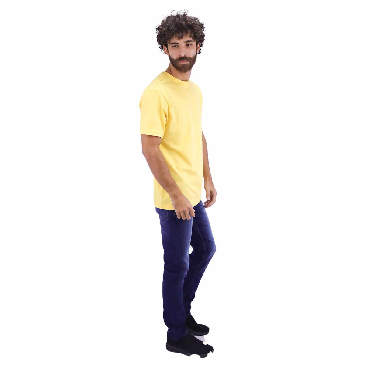 تيشيرت قطني ضيق بأكمام قصيرة ورقبة دائرية وياقة دائرية