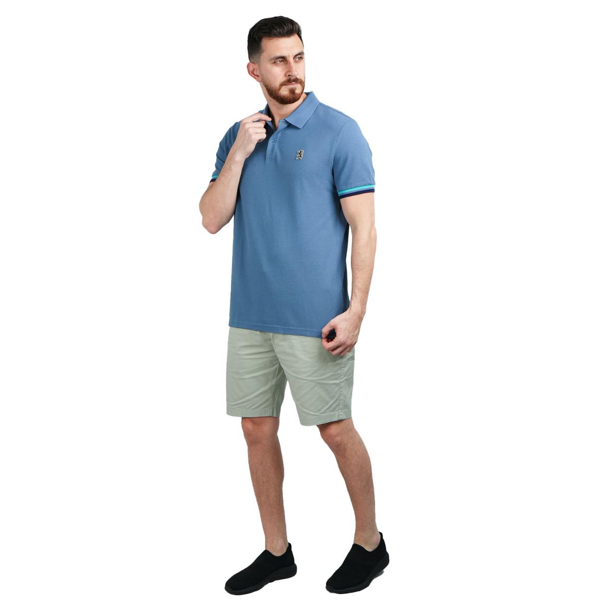 قميص بولو قطني بيكيه بياقة محبوكة مسطحة وأكمام قصيرة مطرزة بلون موحد (قميص بولو رياضي)