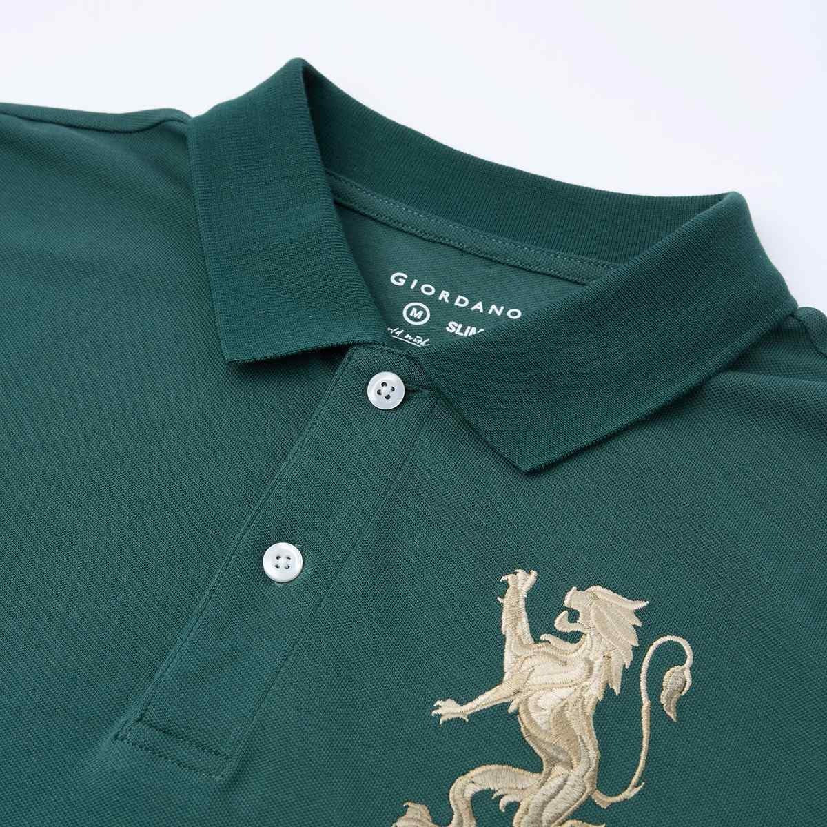 Men's Slim Fit 3D Lion Embroidery Lycra Pique Polo